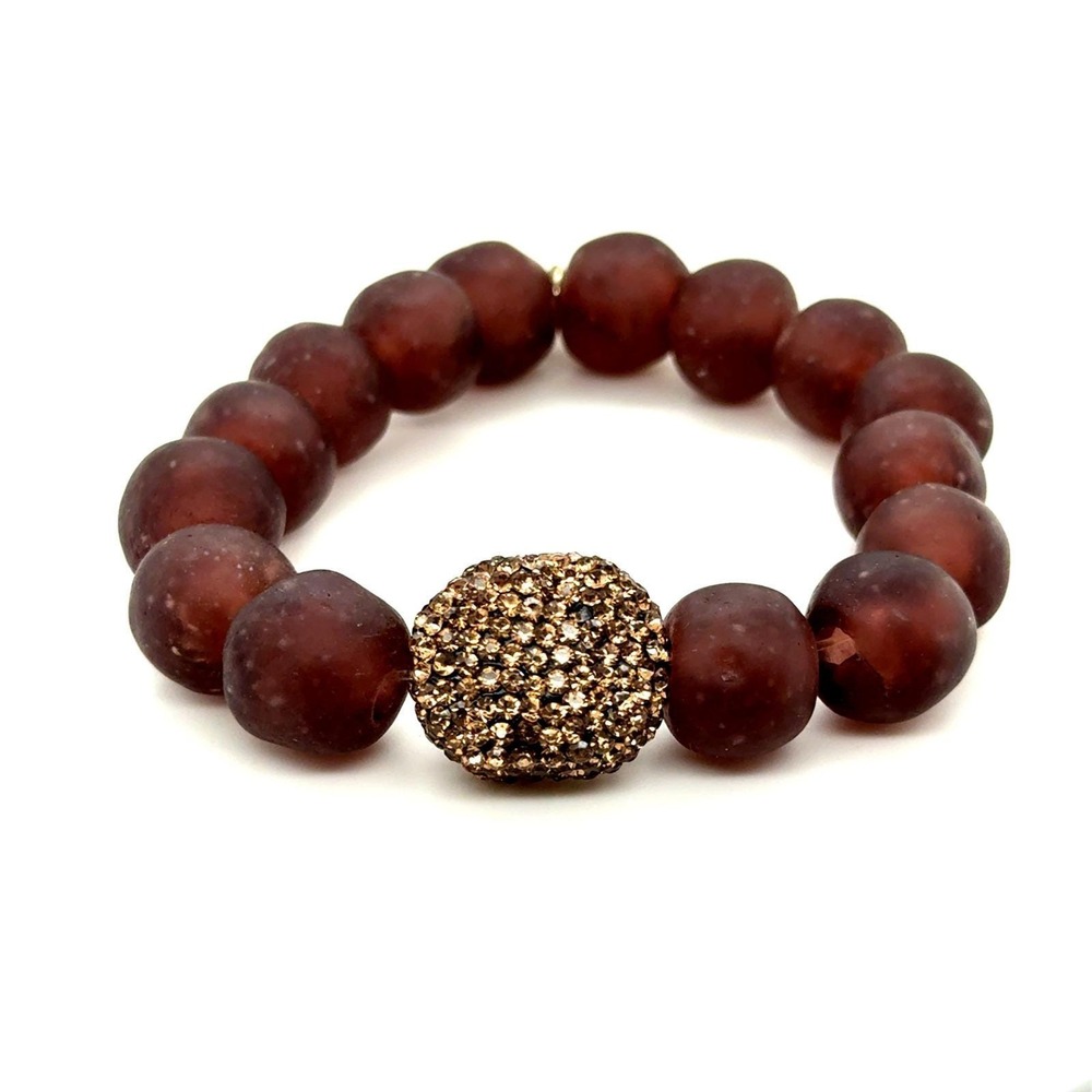 Bourbon and Boweties Frosted Plum Glass Bead‎ Pave Crystal Stretch Bracelet